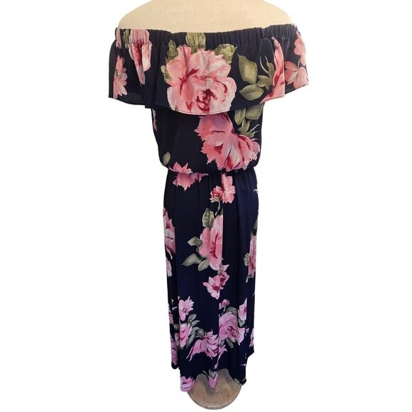 Rebecca B Flounce Off-Shoulder Maxi Dress Sz 6 Pink Floral on Navy Poly Spandex - Picture 2 of 11